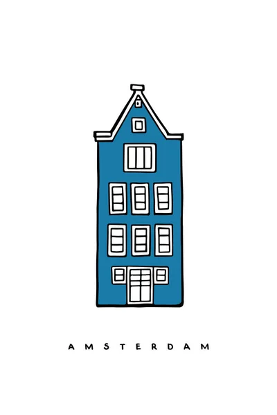 Stary Niebieski Dom Amsterdam Holandia Ręcznie Rysowany Plakat Okładka Pocztówka — Wektor stockowy
