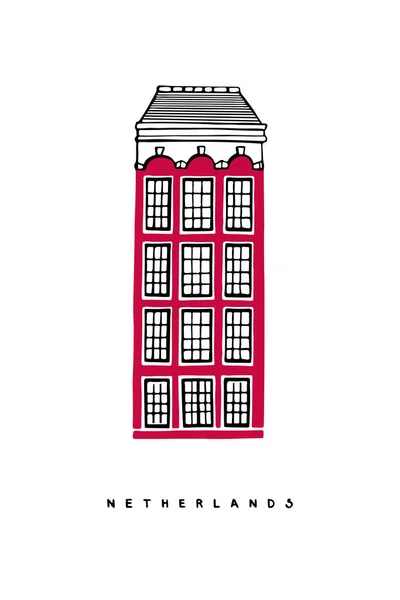 Casa Clásica Roja Amsterdam Países Bajos Cartel Dibujado Mano Portada — Archivo Imágenes Vectoriales