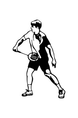 Badminton oyuncusu. Adam savunma atışı yapıyor. Spor koleksiyonu. Poster şablonu. Elle çizilmiş siyah beyaz resim. Beyaz arkaplanda vektör illüstrasyonu.