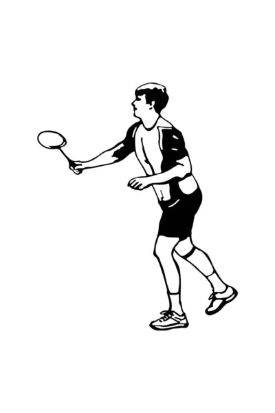Badmintonspeler Man Gaat Naar Het Net Poster Sjabloon Zwart Wit — Stockvector