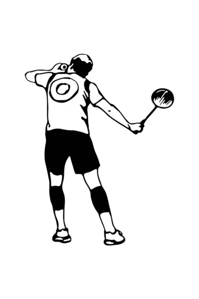 Badmintonspeler Serveer Badminton Poster Sjabloon Zwart Wit Met Hand Getekend — Stockvector