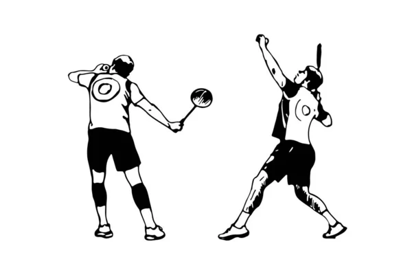 Twee Badmintonspelers Met Herrie Serveer Badminton Sportcollectie Poster Sjabloon Zwart — Stockvector