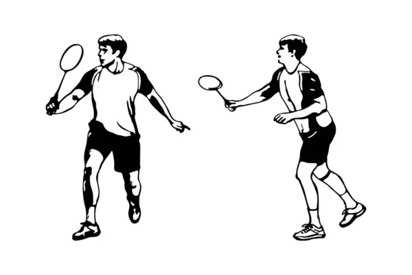 Twee Badmintonspelers Met Herrie Verdedigingsspel Sportcollectie Poster Sjabloon Zwart Wit — Stockvector