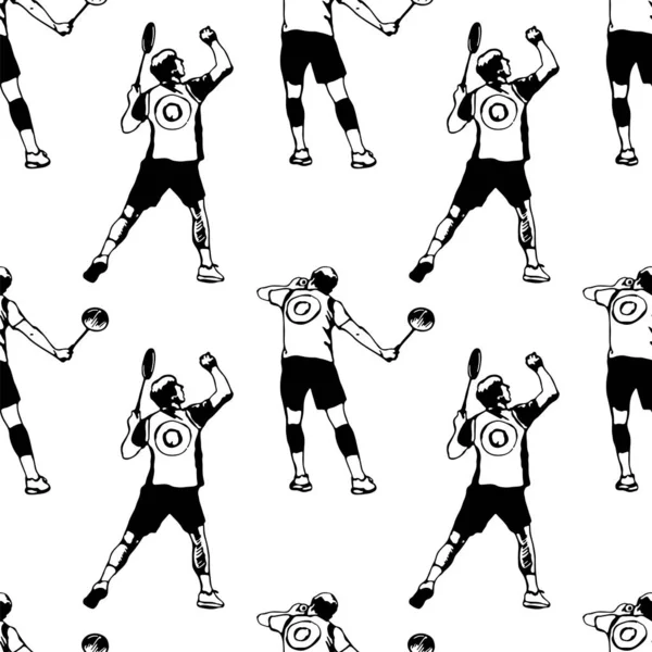 Badmintonspelers Met Herrie Naadloos Patroon Zwart Wit Sportcollectie Vector Illustratie — Stockvector