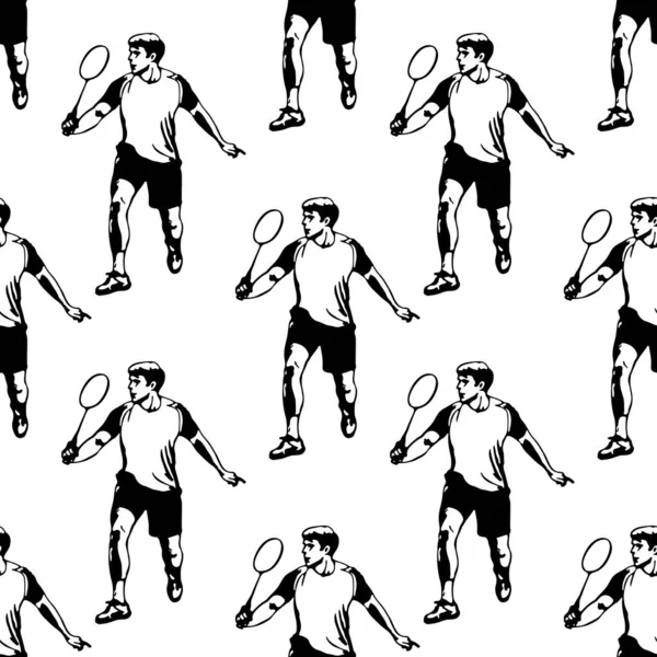 Badmintonspeler Een Man Met Een Netto Schot Naadloos Patroon Zwart — Stockvector