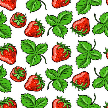 Kırmızı çilek ve yeşil yapraklar. Kusursuz desen. Böğürtlenli pankart. Elle çizilmiş düz görüntü. Beyaz arkaplanda vektör illüstrasyonu.