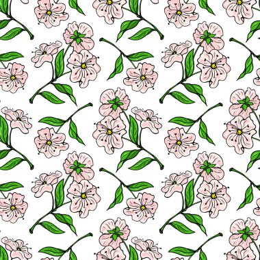 Pembe kiraz çiçekleri ve yeşil yapraklar. Kusursuz desen ayarlandı. Beyaz arkaplanda vektör illüstrasyonu.