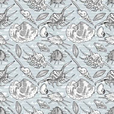 Deniz kabukları. Kaliforniya kıyıları. Elle çizilmiş pürüzsüz desenler. Mavi vintage arkaplanda vektör illüstrasyonu.