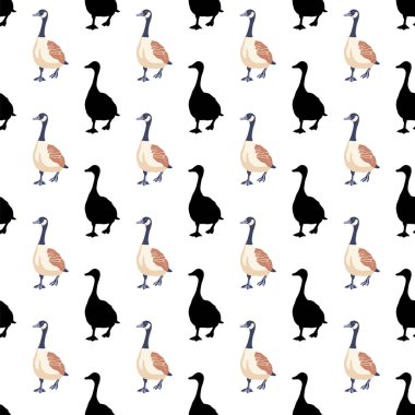 Kanada kazları. İki kuş ilerliyor. Siyah siluetler ve renkli klasik kuşlar. Kusursuz desen. Elle çizilmiş grafik tasarımı. Beyaz arkaplanda vektör illüstrasyonu.