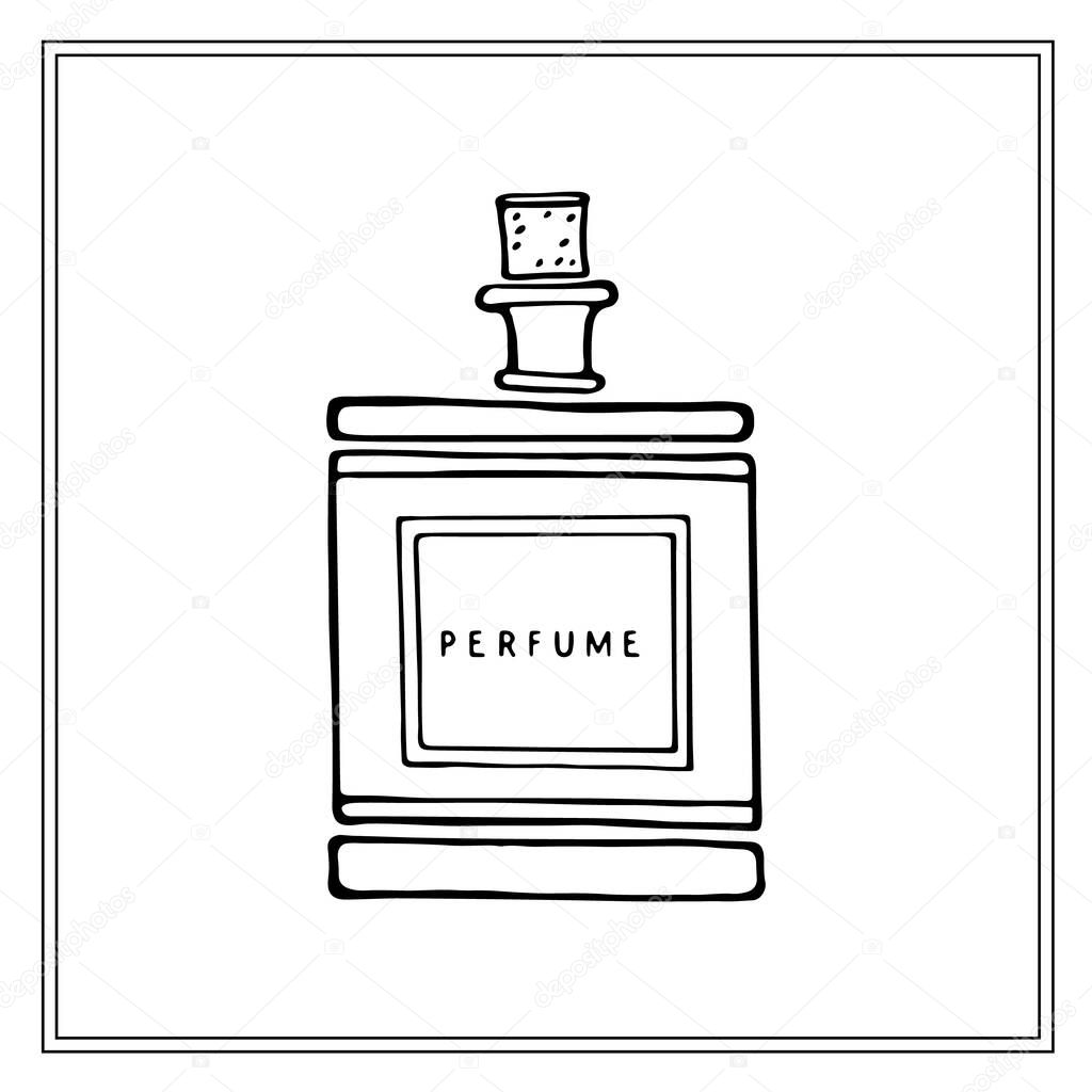Rectangular antique glass perfume bottle with cork stopper. Black and white fashion sketches. Vector illustration on a white background.