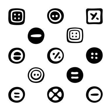 Doodle Buttons. Siyah beyaz simge seti. Siyah beyaz ikonlar. El yapımı koleksiyon. Vektör illüstrasyonu