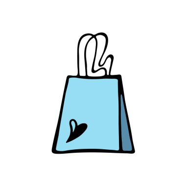 Kalpli mavi hediye çantası. Moda reklamları, mevsimlik satışlar ve mağaza promosyonları için çantalar. Çizim çizimi. Pazarlama malzemeleri ve dijital kullanım için minimalist tasarım. Beyaz arkaplanda vektör resmi.