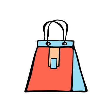 Tokalı turuncu ve mavi çanta. Moda reklamları, mevsimlik satışlar ve mağaza promosyonları için çantalar. Çizim çizimi. Pazarlama malzemeleri ve dijital kullanım için minimalist tasarım. Beyaz arkaplanda vektör resmi.