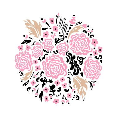 Pembe Anemone. Yuvarlak Çelenk. Zarif çiçekler, düğün davetiyeleri, Sevgililer Günü kartları ve romantik tasarımlar için mükemmel. Vektör illüstrasyonu.