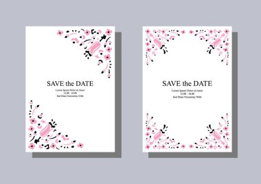 Pembe yapraklar ve çiçekler. İki poster seti. Zarif bir süs, düğün davetiyeleri, Sevgililer Günü kartları ve romantik tasarımlar için mükemmel. Vektör illüstrasyonu.