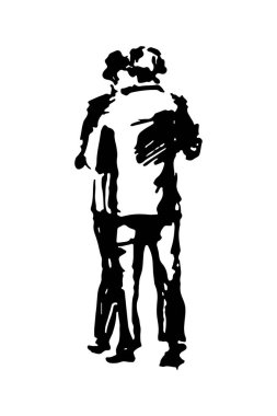 Takım elbiseli iki adam konuşuyor. Tüm vücut karakterleri. Elle çizilmiş siyah beyaz bir çizim. Doodle biçim vektör illüstrasyonu.