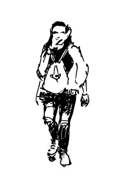 Sırt çantalı bir kız öne doğru yürüyor. Tüm vücut karakterleri. Elle çizilmiş siyah beyaz bir çizim. Doodle biçim vektör illüstrasyonu.