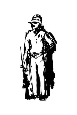 Kasklı bir asker nöbet tutuyor. Tüm vücut karakterleri. Elle çizilmiş siyah beyaz bir çizim. Doodle biçim vektör illüstrasyonu.