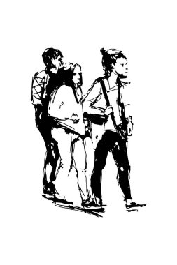 Üç genç ileri doğru yürüyor. Tüm vücut karakterleri. Elle çizilmiş siyah beyaz bir çizim. Doodle biçim vektör illüstrasyonu.