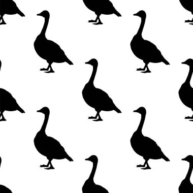 Kanada kazları. Eski tarz siyah kuş siluetleri. Kusursuz desen. Beyaz arkaplanda vektör illüstrasyonu.