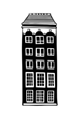 Amsterdam eski evi. Hollanda 'nın simgesi. Eski bina koleksiyonunun el yapımı cepheleri. Siyah ve beyaz vektör çizimi.