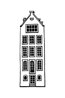 Amsterdam eski evi. Hollanda 'nın simgesi. Eski bina koleksiyonunun el yapımı cepheleri. Siyah ve beyaz vektör çizimi.