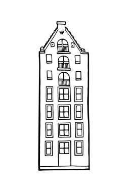 Amsterdam eski evi. Hollanda 'nın simgesi. Eski bina koleksiyonunun el yapımı cepheleri. Siyah ve beyaz vektör çizimi.