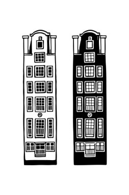 Amsterdam eski evi. Hollanda 'nın simgesi. Eski bina koleksiyonunun el yapımı cepheleri. Siyah ve beyaz vektör çizimi.