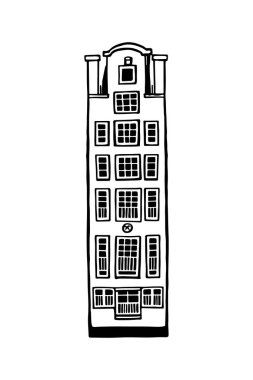 Amsterdam eski evi. Hollanda 'nın simgesi. Eski bina koleksiyonunun el yapımı cepheleri. Siyah ve beyaz vektör çizimi.