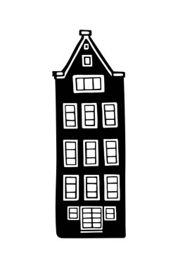 Amsterdam eski evi. Hollanda 'nın simgesi. Eski bina koleksiyonunun el yapımı cepheleri. Siyah ve beyaz vektör çizimi.