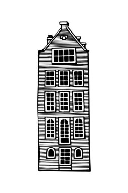 Amsterdam eski evi. Hollanda 'nın simgesi. Eski bina koleksiyonunun el yapımı cepheleri. Siyah ve beyaz vektör çizimi.
