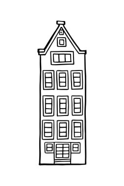 Amsterdam eski evi. Hollanda 'nın simgesi. Eski bina koleksiyonunun el yapımı cepheleri. Siyah ve beyaz vektör çizimi.