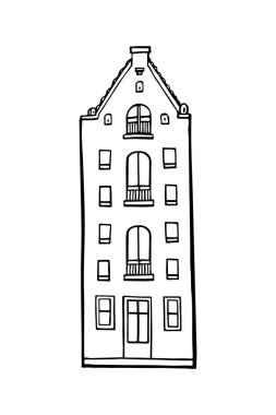 Amsterdam eski evi. Hollanda 'nın simgesi. Eski bina koleksiyonunun el yapımı cepheleri. Siyah ve beyaz vektör çizimi.