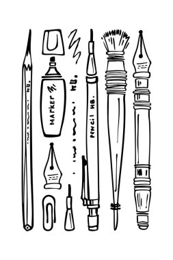 Sanat için ayarlanmış aletler. El çizimi siyah-beyaz vektör çizimi. Çalışma kağıtları, sanat dersleri, basılabilir tablolar, markalaşma, planlama ve dijital tasarım için. Ölçeklenebilir ve düzenlenebilir.