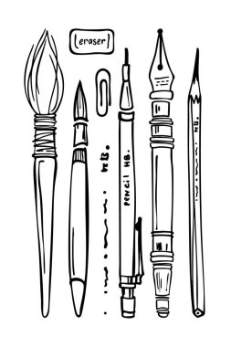 Sanat Malzemeleri Koleksiyonu. El çizimi siyah-beyaz vektör çizimi. Çalışma kağıtları, sanat dersleri, basılabilir tablolar, markalaşma, planlama ve dijital tasarım için. Ölçeklenebilir ve düzenlenebilir.