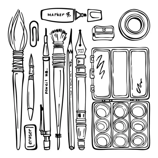 El Çizimi Sanat Malzemeleri. Mürekkep çizimi tarzında siyah ve beyaz vektör çizimi. Çalışma kağıtları, sanat dersleri, basılabilir tablolar, markalaşma, planlama ve dijital tasarım için. Ölçeklenebilir ve düzenlenebilir.