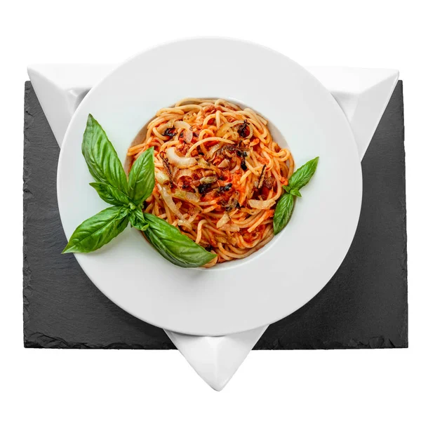 Espaguetis Atún Pasta Albahaca Plato Triángulo Forma Pizarra Mesa Bastante — Foto de Stock