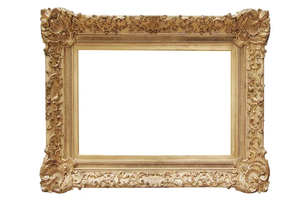 Wooden Broad Picture Frame White Background Isolated Detailed Gold Wide — Zdjęcie stockowe