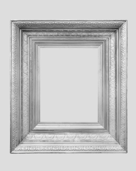 シルバーホワイトメタリックフレーム幅広詳細古典的なギャラリーアート高級隔離されたライトグレーの背景 — ストック写真
