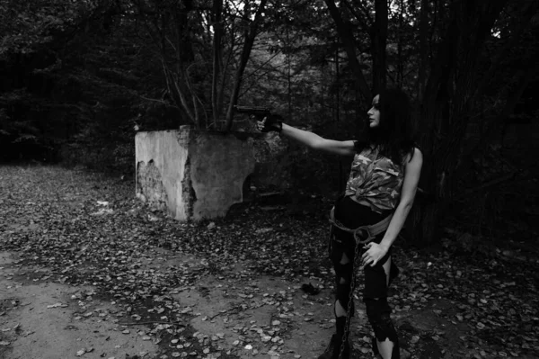 Black White Photo Warrior Girl Forest — Stock Photo, Image