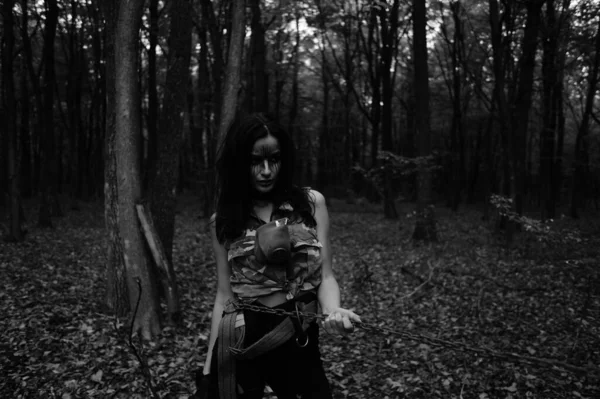 Black White Photo Warrior Girl Forest — Stock Photo, Image