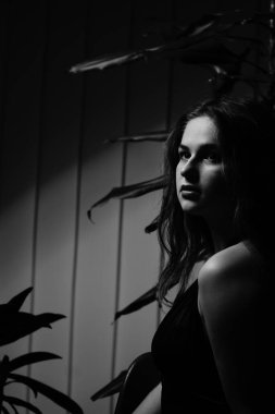 Siyah elbiseli, kameraya poz veren güzel, şehvetli bir kadının siyah beyaz fotoğrafı.