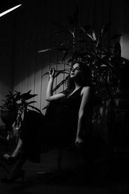 Siyah elbiseli, kameraya poz veren güzel, şehvetli bir kadının siyah beyaz fotoğrafı.
