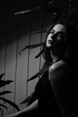 Siyah elbiseli, kameraya poz veren güzel, şehvetli bir kadının siyah beyaz fotoğrafı.