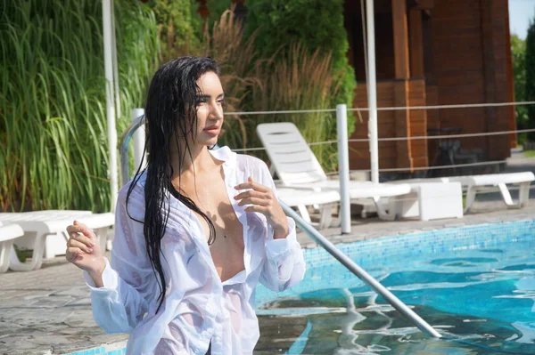 Sexy Girl Lingerie White Shirt Swimming Pool — Stock Photo, Image