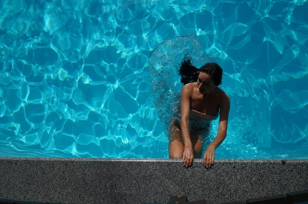 Sexy Girl Transparent Dress Swimming Pool — Stock Photo, Image
