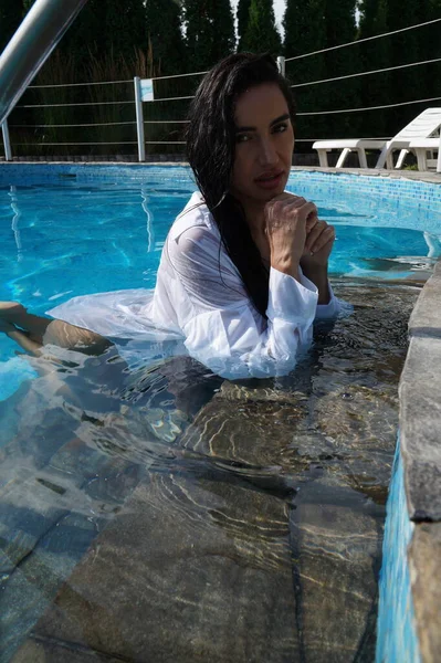Sexy Girl Lingerie White Shirt Swimming Pool — Stock Photo, Image