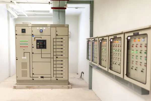 Control panel of power plant with electrical control panel. Industrial background.
