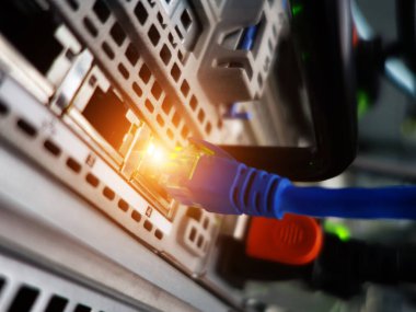 Veri merkezindeki bilgisayar ağı kablosu  