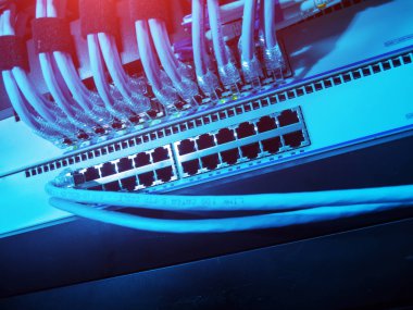Çoklu ethernet port ve kablolarını gösteren bir ağ anahtarının yakın çekim görüntüsü. Mavi ışıklandırma veri iletimi ve bağlantı için kullanılan teknolojiyi vurgular.